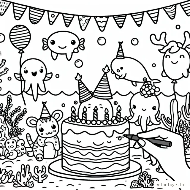 La fête d'anniversaire dans l'océan avec les animaux marins