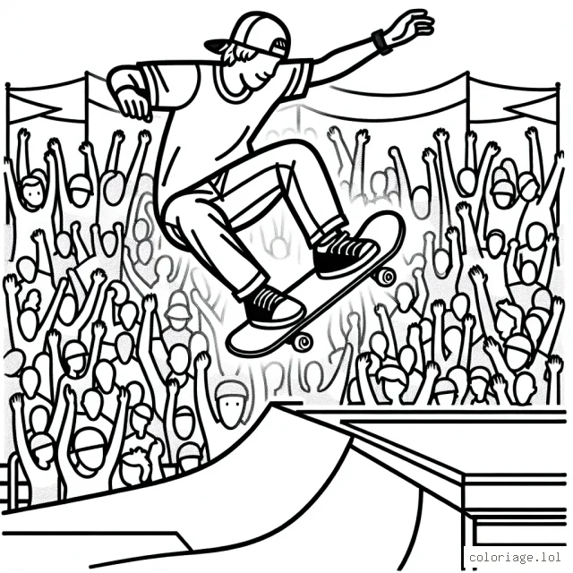 Dessinez un skateur exécutant une figure acrobatique sur une rampe devant un public excitant.