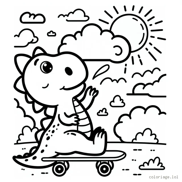 Un dinosaure mec touche le ciel en faisant du skateboard