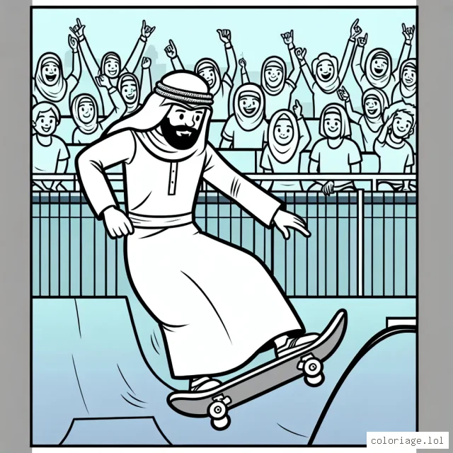 Dessine un skateboarder audacieux dévalant une rampe gigantesque dans un parc de skate, avec des fans enthousiastes qui regardent en arrière-plan.