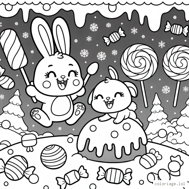 Un joyeux lapin au pays de la glace et des bonbons