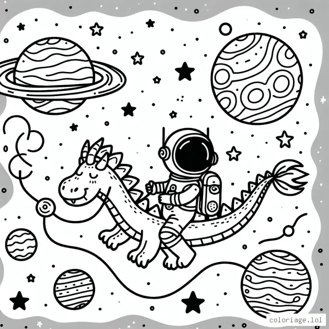 Un astronaute volant sur un dragon spatiale, autour des planètes et étoiles étranges.