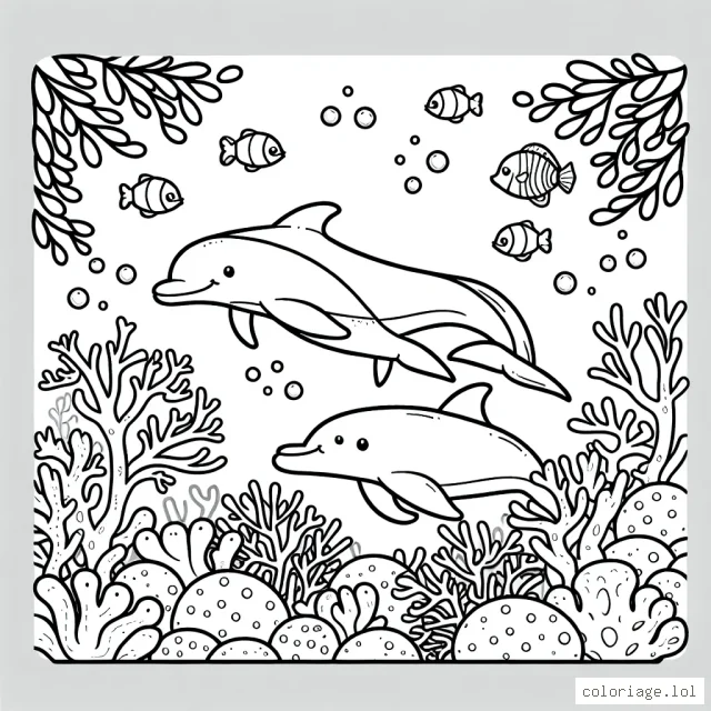 Sous l'océan, une famille de dauphins joue joyeusement parmi les coraux colorés entourés d'une foule de poissons tropicaux vibrants.