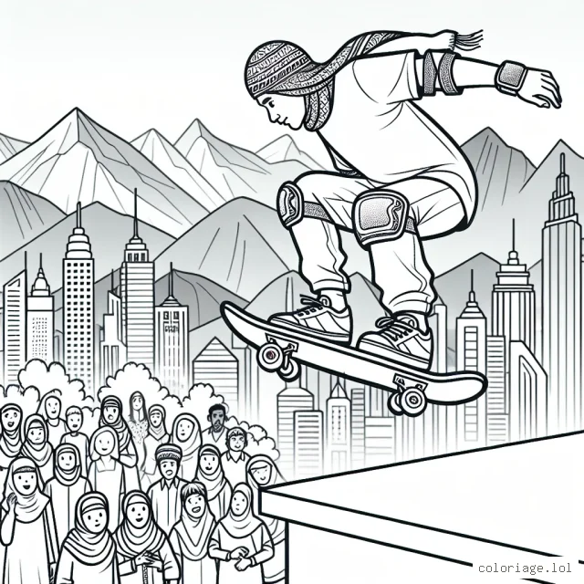 Dessinez un skateboarder réalisant un impressionnant saut au-dessus d'une ville animée, avec des montagnes en arrière-plan. N'oubliez pas d'ajouter des détails comme le casque, les genouillères, les coudières du skateboarder, et des gens qui le regardent avec émerveillement.