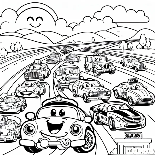 Un défilé animé de voitures de toutes formes et tailles souriantes sur une autoroute ensoleillée. Il y a une variété de voitures, y compris des voitures de course, des voitures anciennes, des taxis, des voitures de police et des camions de pompiers. Toutes sont placées contre une toile de fond de collines ondulantes et d'un ciel clair parsemé de nuages. En bas à droite, il y a une station-service.