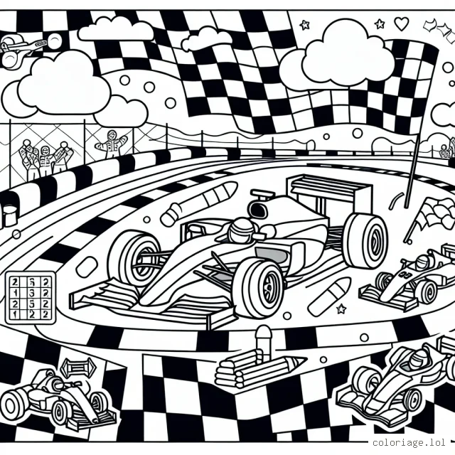 Imagine une scène vibrant sur une piste de course avec différentes voitures de course. Pense à colorer les voitures, l'excitation des spectateurs, le drapeau à damier et l’aire de stationnement.