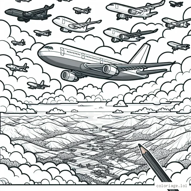 Imaginez une scène fascinante dans le ciel bondé d'avions. L'avion principal est un grand avion de ligne, entouré de petits avions de chasse. Sous les avions, des montagnes et des champs défilent. Des nuages doux et moelleux entourent également les avions.