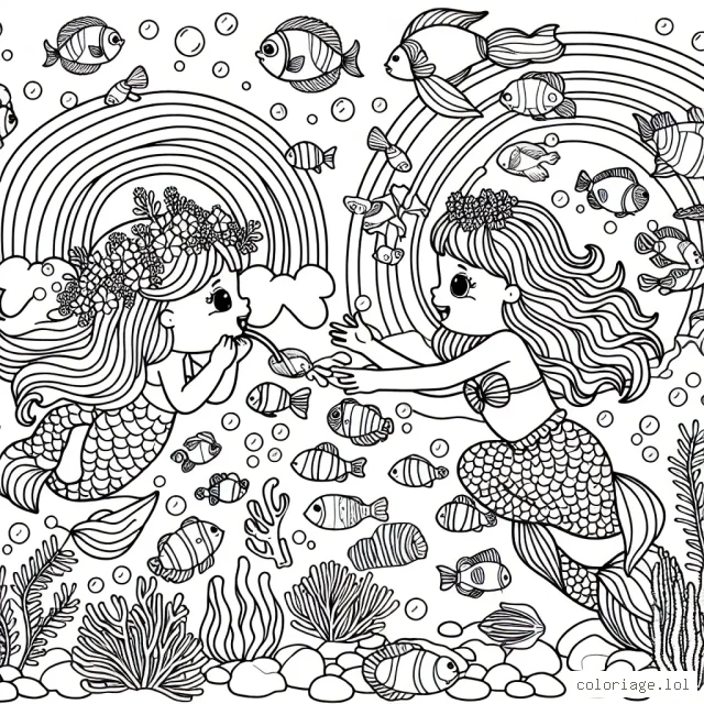 Eclate-toi en coloriant une scène sous-marine foisonnante de vie avec une petite sirène qui est en train de nourrir des poissons arc-en-ciel.