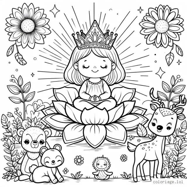 Une petite princesse sereine assise sur un trône de fleurs lumineuses, entourée de ses amis animaux de la forêt.