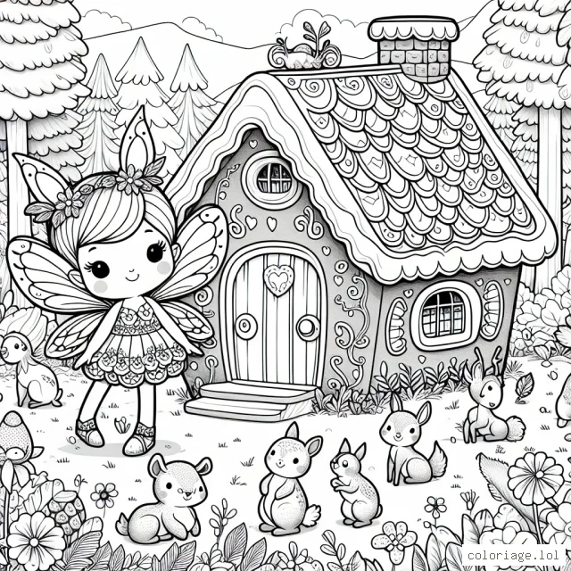 Dans une petite maison en pain d'épice au milieu de la forêt enchantée, une petite fée douce et joyeuse vit avec ses amis animaux. Elle a de petites ailes brillantes, une robe fleurie et un chapeau en forme de feuille. Ses amis animaux incluent un lapin coquin, un cerf gracieux, un oiseau chantant et une famille d'écureuils. Ils sont tous autour de la maison, jouant et rigolant. Il y a aussi une variété de plantes et de fleurs autour de la maison pour ajouter plus de détails et faire ressortir la beauté de la forêt enchantée.