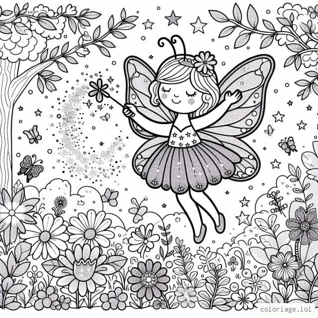 Imagine une scène féérique où une adorable petite fée est en train de disperser de la poussière magique sur un jardin florissant. Cette ravissante créature a de jolies ailes en forme de papillon, une robe courte et mignonne parsemée d'étoiles et tient une baguette étoilée. Le jardin, non moins enchanté, est animé par de magnifiques fleurs aux couleurs vives et variées, des arbres dont les feuilles sont de différentes teintes de vert, et de petits insectes amicaux comme des papillons, des abeilles et des coccinelles qui profitent du charme du jardin féerique.