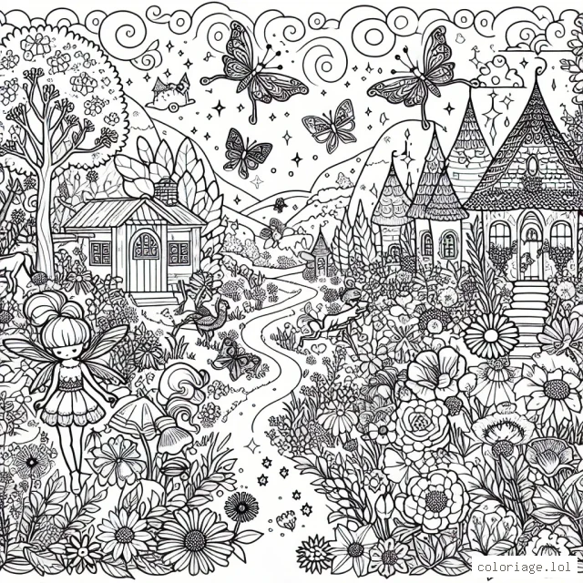 Découvre un monde merveilleux avec cette scène merveilleuse de fées dans un jardin enchanté, rempli de fleurs, d'animaux et de magie à chaque coin. Tu peux utiliser tes crayons pour apporter de la couleur à ce monde magique!
