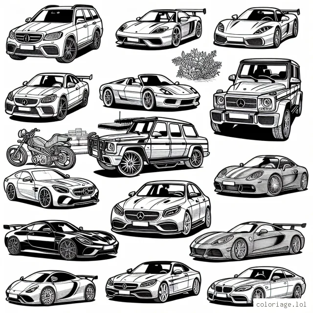 Voici des voitures par marque pour exprimer ta créativité. Chaque voiture a son propre détail unique. Il y a des voitures de sport, des voitures de luxe, des SUV et même des voitures vintage. Chaque dessin représente une marque de voiture différente. Mets en couleur ces magnifiques voitures et laisse libre cours à tes talents d'artiste. Bon coloriage !