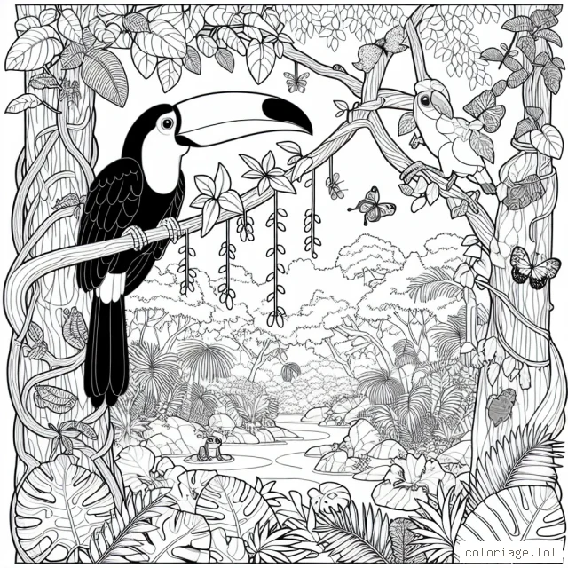Un magnifique paysage de la jungle avec un gracieux toucan assis sur une liane suspendue à un grand arbre, entouré d'une faune riche et variée avec des papillons, singes, grenouilles et plantes exotiques.