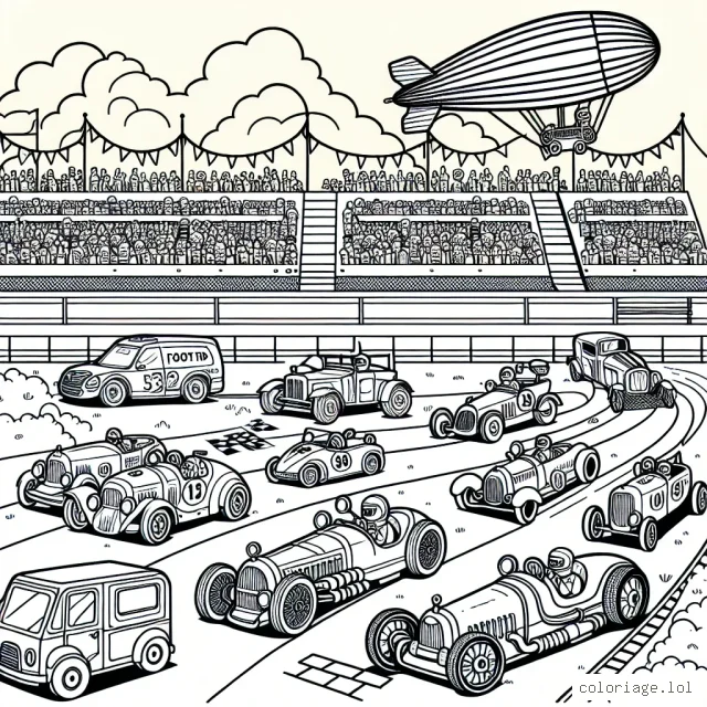 À vos crayons, prêts, partez! Nous avons une course de voitures détaillée où chaque voiture a un design unique. Les voitures se préparent à la ligne de départ sur une piste de course animée. Il y a un camion de nourriture au bord de la piste et des spectateurs dans les gradins. Il y a un zeppelin dans le ciel tirant une banderole.