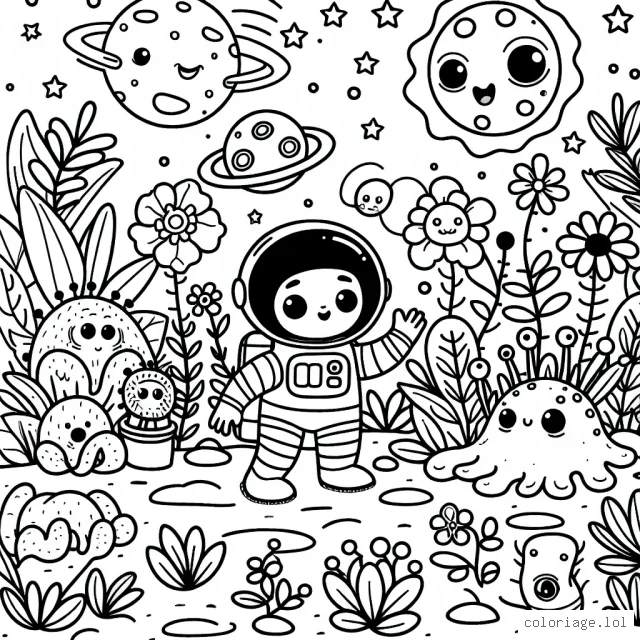 Un petit astronaute explore une planète inconnue remplie de créatures extraterrestres amicales et de fleurs exotiques lumineuses.
