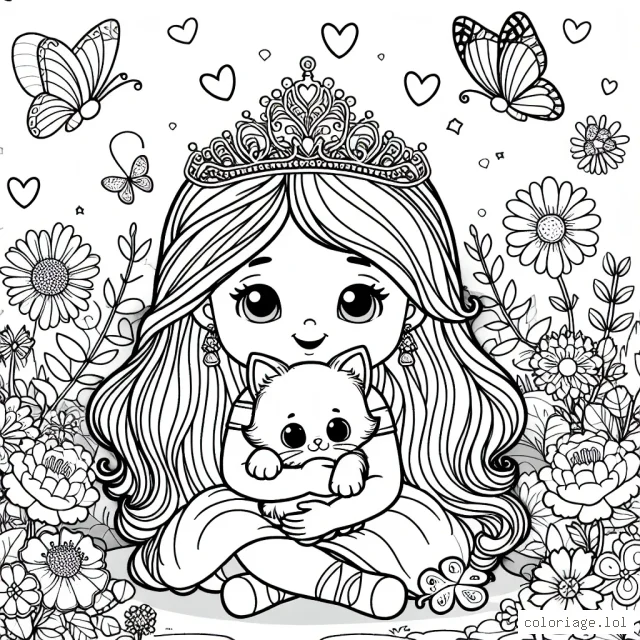 Une petite princesse câline son chaton dans son jardin royal rempli de fleurs magiques et de jolis papillons
