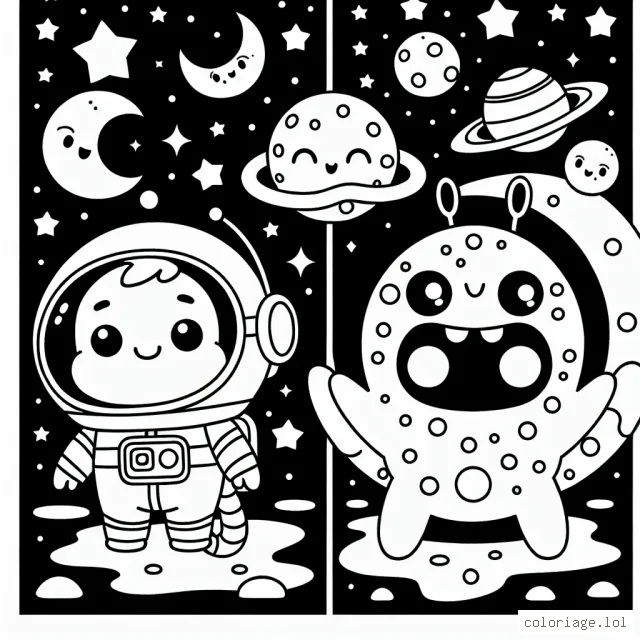 Un astronaute joyeux rencontre une créature mignonne de l'espace sur la lune, découvrant des étoiles et des planètes colorées en arrière plan