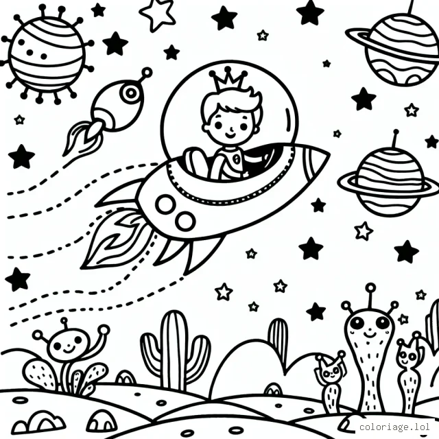 Un petit prince voyage dans l'espace avec sa navette, passant par différentes planètes avec des extraterrestres amicaux