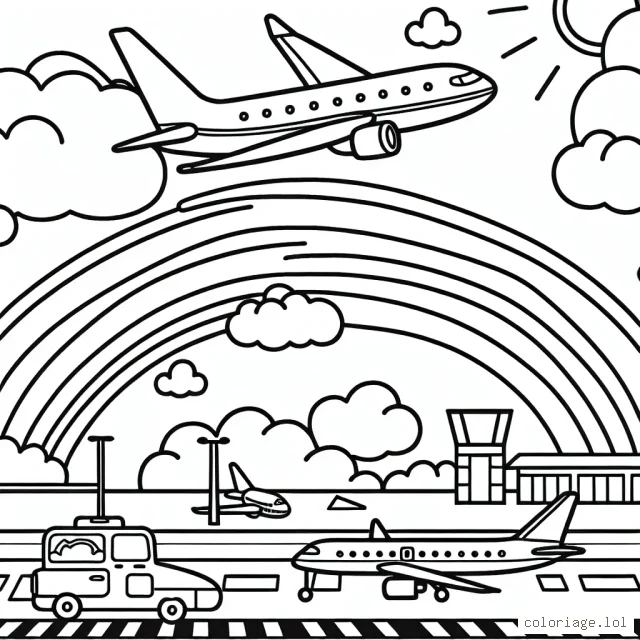 Un avion à réaction volant haut dans le ciel, traversant un arc-en-ciel aux couleurs vives, tandis qu'un deuxième avion atterrit sur une piste d'aéroport animée en bas.
