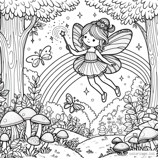 Enchantez votre petite princesse avec ce dessin à colorier mettant en scène une jeune fée volant dans la forêt enchantée. La fée tient une baguette magique scintillante tandis qu'elle survole une clairière remplie de champignons, de petits animaux et d'arbres luxuriants. N'oubliez pas de colorier l'arc-en-ciel dans le ciel !