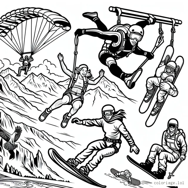 Une scène dynamique montrant divers athlètes s'engageant dans différents sports extrêmes.