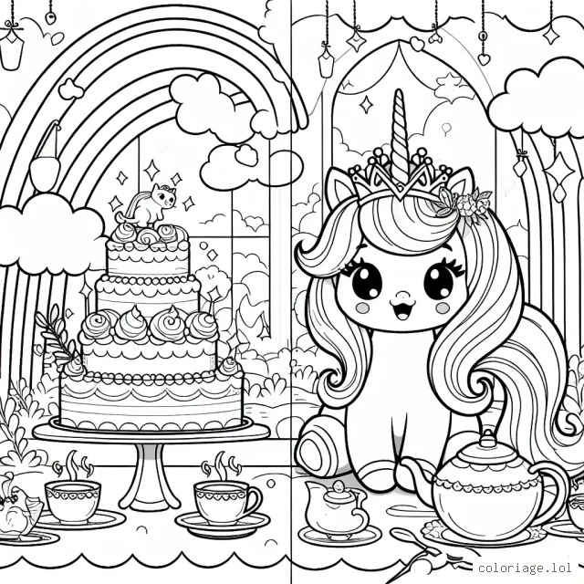 C'est l'heure du thé au palais de licorne magique. La princesse licorne invite ses amis les chats sirènes pour déguster des gâteaux arc-en-ciel et boire du thé pétillant de nuages.