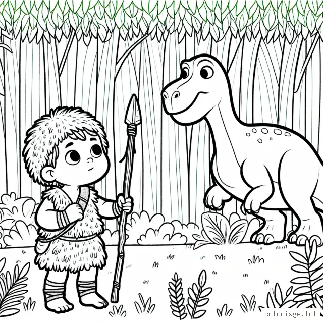 Un petit garçon brave à l'époque des dinosaures, vêtu de peaux de bêtes avec une lance à la main, guettant un dinosaure amical et herbivore dans une forêt luxuriante.