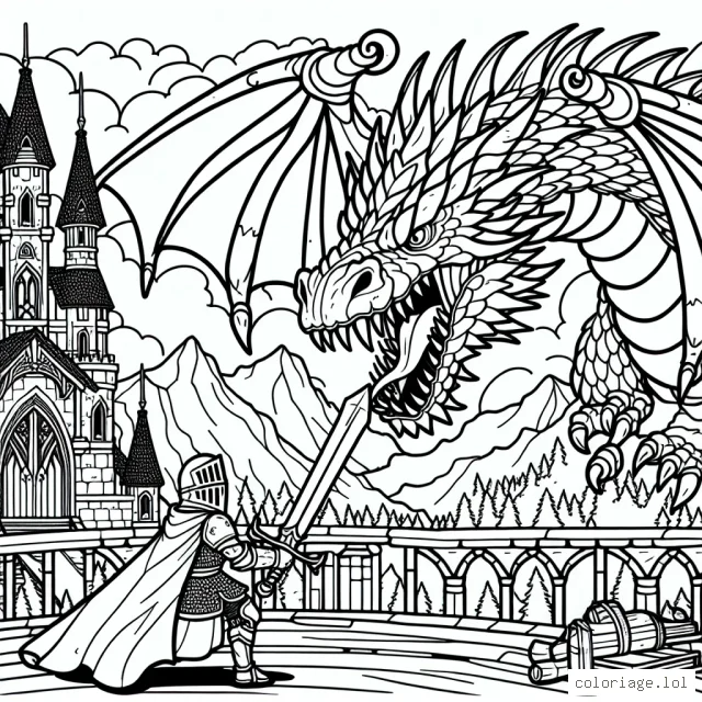 Imagine un dessin montrant un courageux chevalier avec son épée brillante prêt à combattre un énorme dragon crachant du feu dans un château médiéval. Le château, de style gothique, domine un paysage fantastique avec des montagnes et une forêt en arrière-plan.