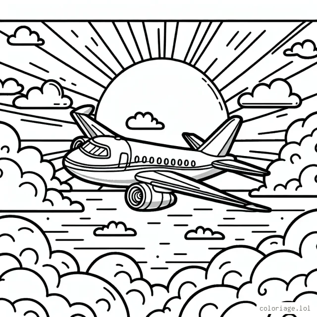 Dessine un charmant avion à réaction en plein vol au-dessus des nuages, avec le soleil couchant en arrière-plan. Assure-toi d'inclure des détails comme les ailes, les réacteurs et le cockpit.