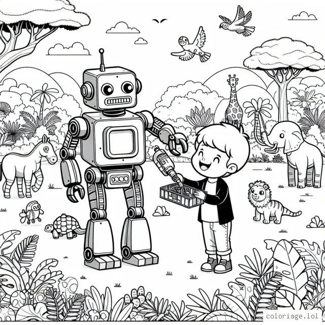Un petit garçon qui joue avec son robot démantibulateur dans un parc rempli d'animaux exotiques et plein de végétation