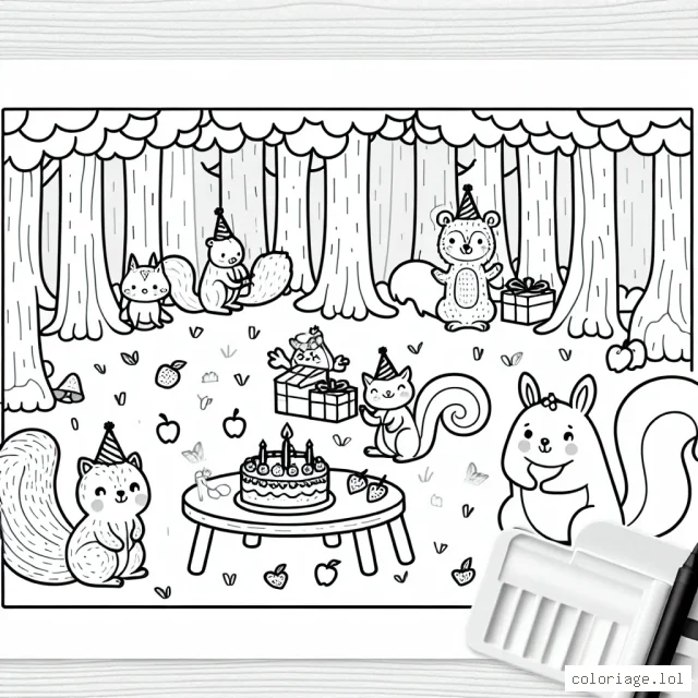 Dessine les animaux de la forêt en train de préparer une fête surprise pour l'écureuil qui fête son anniversaire!