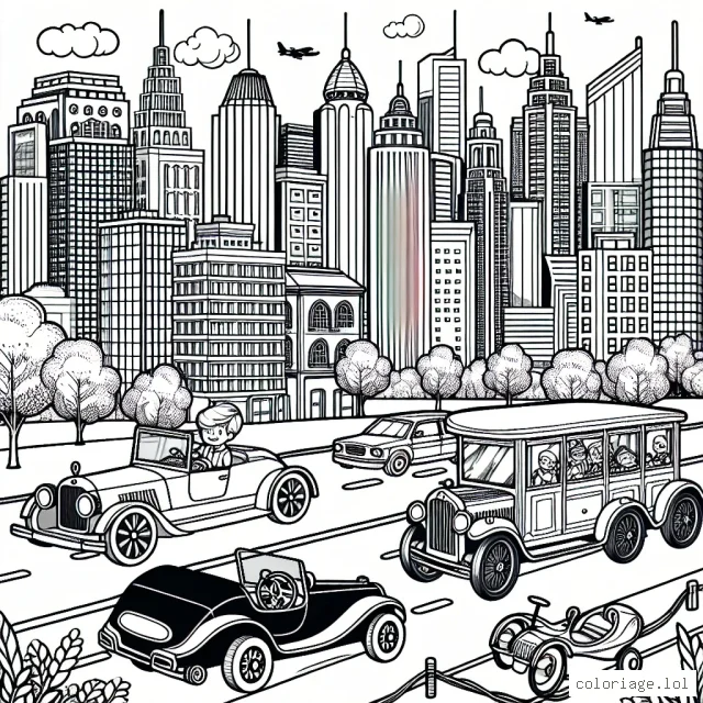 Imagine une scène animée avec des voitures de toutes sortes : voitures sportives, voitures anciennes, voitures à pédales, camionnettes, SUV, etc. Toutes ces voitures se déplacent dans une ville moderne avec des immeubles hauts, des arbres luxuriants et des gens partout. Relève ce défi et colore ce paysage vif et dynamique.