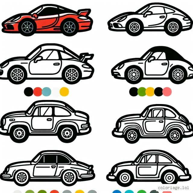 Dessinez des voitures de marques spécifiques en jouant avec des couleurs vives. Chaque voiture doit être associée à une couleur : rouge pour Ferrari, bleu pour Bugatti, vert pour Jaguar, etc.