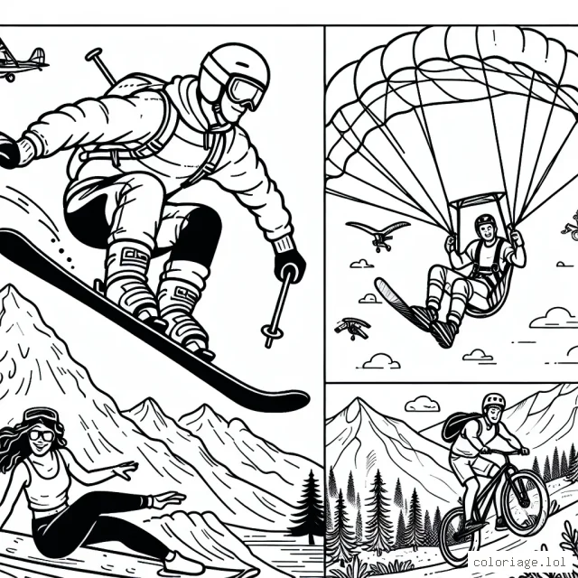 Dessine un skieur qui fait du saut acrobatique sur une montagne enneigée, un surfeur à faire du surf sur de grandes vagues, un parachutiste dans le ciel et un athlète faisant du BMX dans un parc de skate.