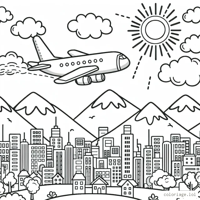 Dessine un avion de ligne survolant une ville avec des montagnes en arrière-plan, des nuages dans le ciel et un soleil radieux.