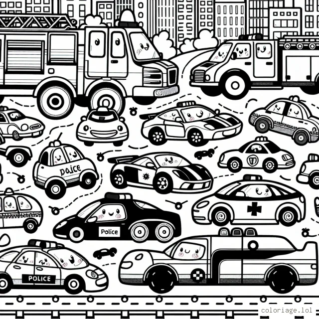 Une course de voitures animées à travers la ville avec divers types de voitures: voitures de sport, voitures de police, camions de pompiers, taxis et voitures ordinaires. Les voitures ont des visages drôles et amicaux.