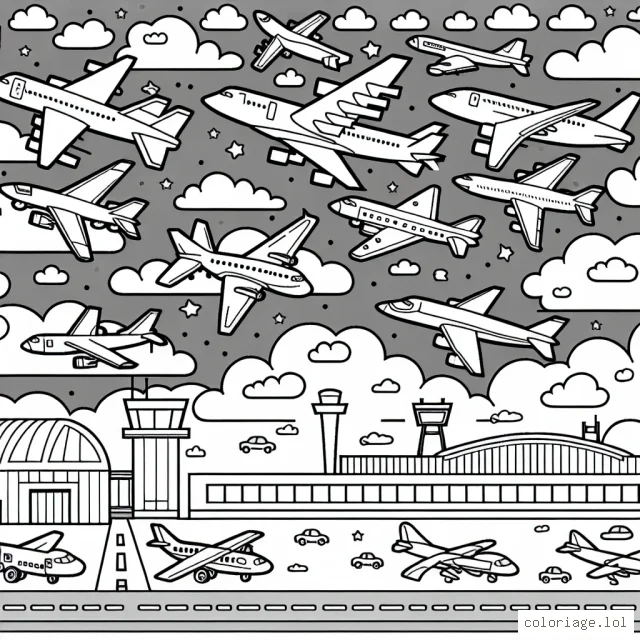 Un paysage dynamique mettant en vedette un groupe d'avions volant haut dans le ciel peuplé de nuages. Les avions sont de différents types: des avions de chasse, des avions de ligne, des avions à hélices. En bas, on peut voir un aéroport avec des hangars, une tour de contrôle et de nombreux petits détails à colorier.