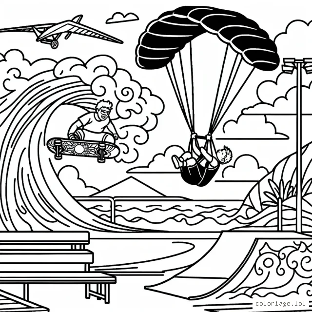 Présentez une scène où un skateur professionnel effectue une manœuvre acrobatique sur une rampe dans un skate-park, tandis qu'un parapentiste survole le parc et un surfeur défie une énorme vague en arrière-plan.