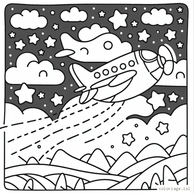 Un avion virevoltant dans le ciel étoilé avec des montagnes en arrière-plan.