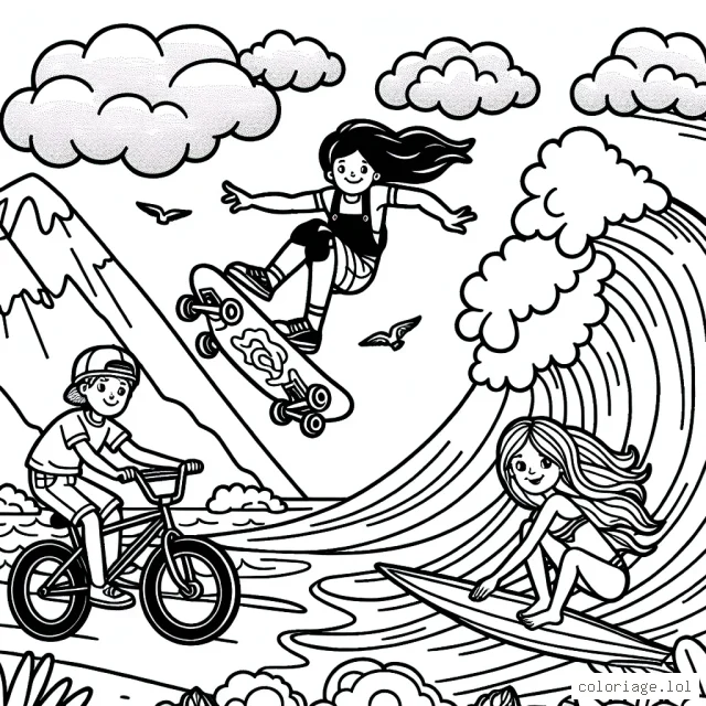 Un bmx volant par-dessus une montagne, une fille faisant du surf sur de grosses vagues et un garçon faisant du skateboard sur une rampe