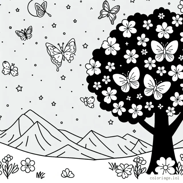Un groupe de papillons volant autour d'un magnifique arbre en floraison, avec un fond de montagnes sous le ciel étoilé.
