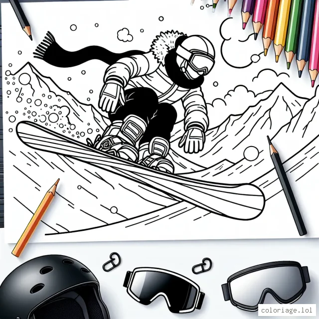 Un snowboardeur descendant à grande vitesse sur une piste montagneuse couverte de neige épaisse, en effectuant des figures aériennes exaltantes, tandis que le public l'encourage depuis l'arrière-plan. En premier plan, quelques équipements sportifs comme un casque, des lunettes de protection et une planche de snowboard sont dessinés pour être coloriés séparément.