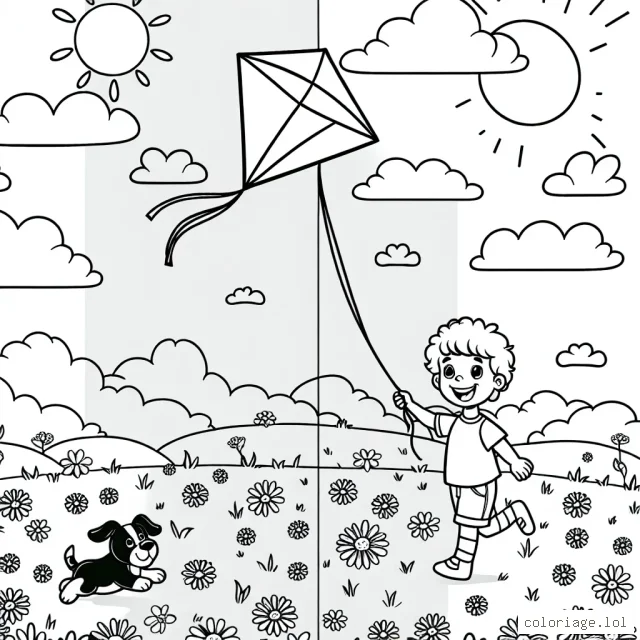 Dessinez un petit garçon souriant qui fait voler un cerf-volant coloré sous un ciel d'été bleu clair, avec un chien qui joue à ses côtés dans un champ verdoyant plein de marguerites.