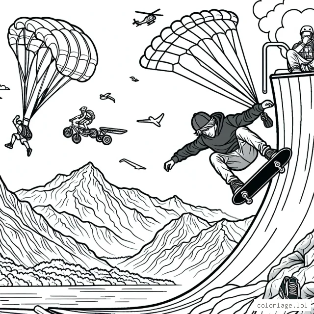 Dessinez un sportif extrême en pleine action, en skate sur une rampe half-pipe, avec en arrière-plan des montagnes, un parachute en train de s'élever, un alpiniste suspendu sur un rocher et un surfeur en plein équilibre sur une vague massive.
