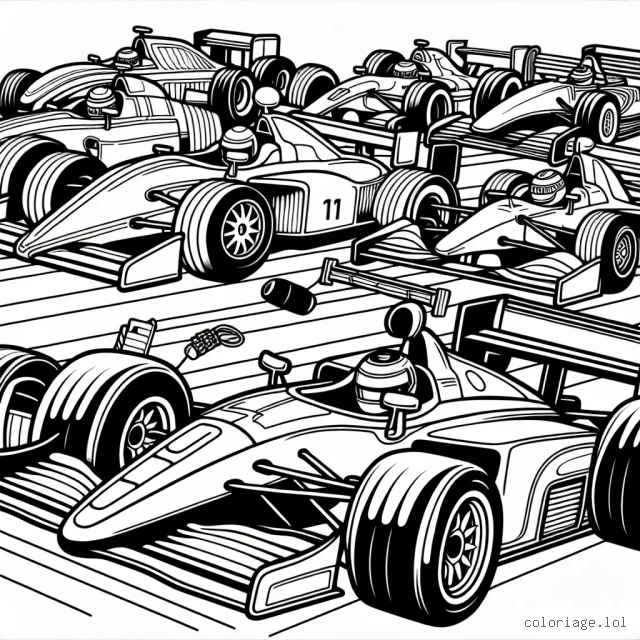 Des voitures de différentes marques sont alignées prêtes pour la course. Peux-tu peindre chaque voiture suivant la couleur emblématique de sa marque ?