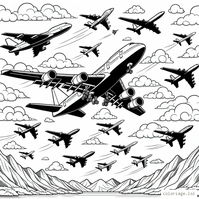 Imagine un ciel bleu azur plein d'avions en plein vol. Certains sont des avions de combat, d'autres sont des avions de ligne. Au milieu, un grand avion aérofrein ouvert est en train d'atterrir. Des montagnes sont en arrière-plan pour offrir une diversité de tonalités.