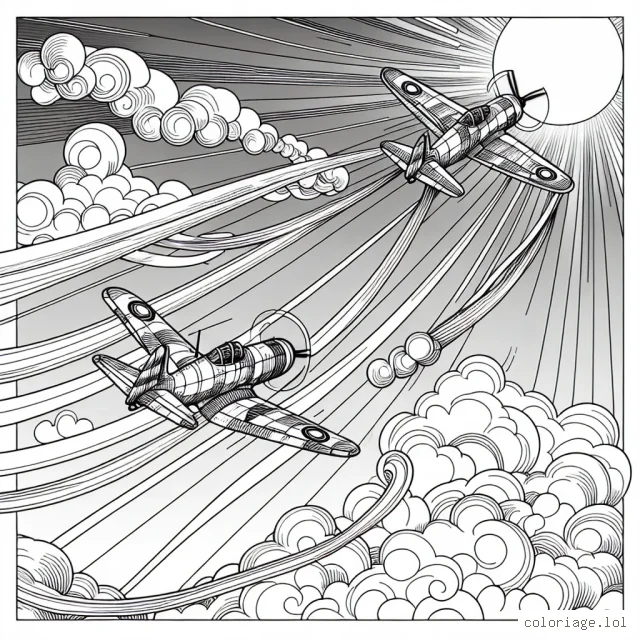 Un spectacle de haute voltige dans le ciel bleu doux éclairé par le soleil. Dessinez deux avions de chasse très détaillés dans un ballet aérien qui fait fi du danger. Les avions laissent des traînées de fumée colorées derrière eux, formant des courbes et des spirales incroyables. Les nuages fournissent une toile de fond magnifique pour cette scène dramatique.
