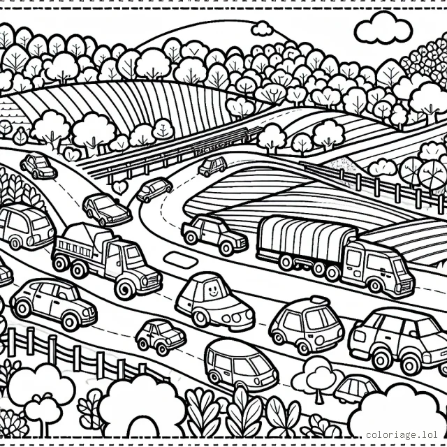 Dessinez une scène animée avec différentes formes et types de voitures sur une route sinueuse à travers une campagne verdoyante.