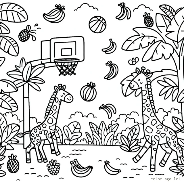Des girafes jouant au basket dans la jungle, tout en esquivant différentes sortes de fruits tropicaux qui tombent des arbres.